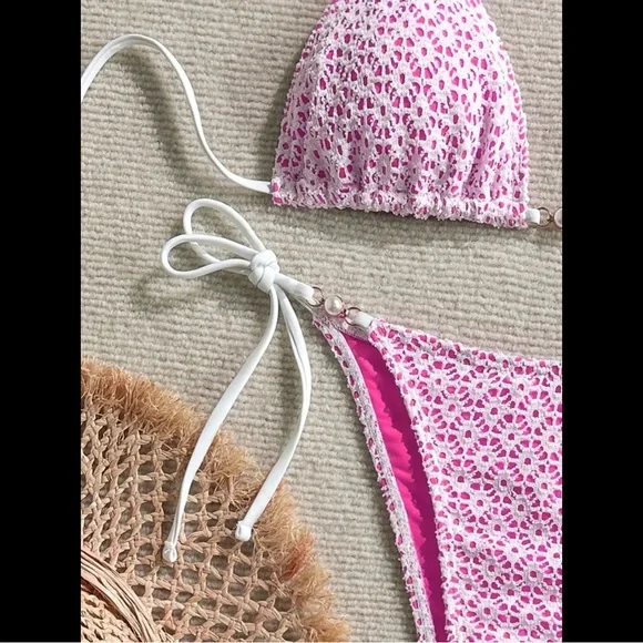 Pink & White, Knit Lined, Bikini Set - Picture 3 of 7
